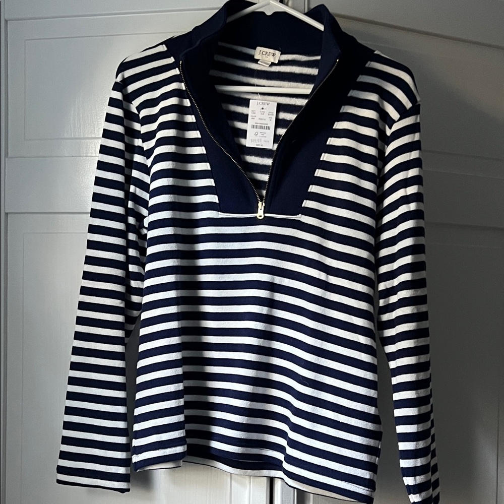 J. Crew Navy and White Striped Quarter-Zip Top
